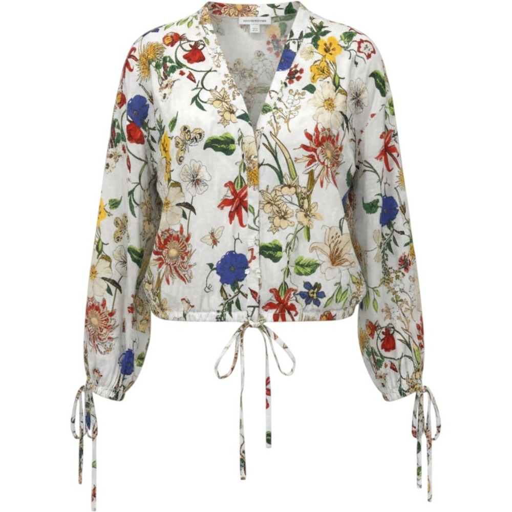 Marc New York Jeans Blouse Women Large White Floral Cotton Drawstring Cropped